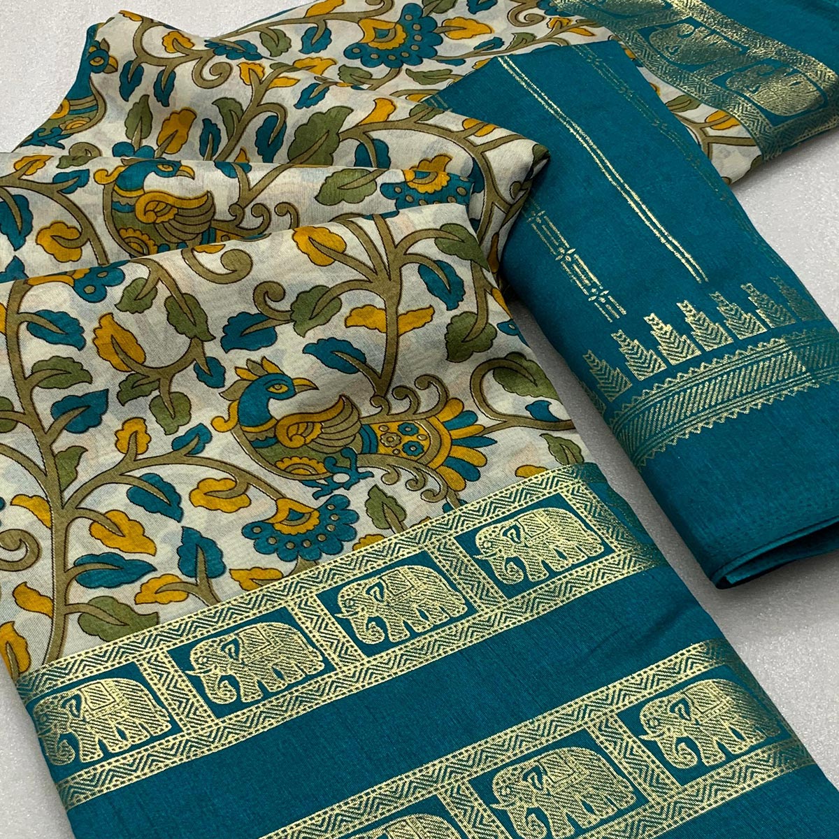 Teal Kalamkari Printed Dola Silk Saree