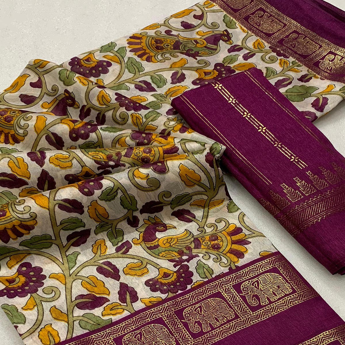 Wine Kalamkari Printed Dola Silk Saree