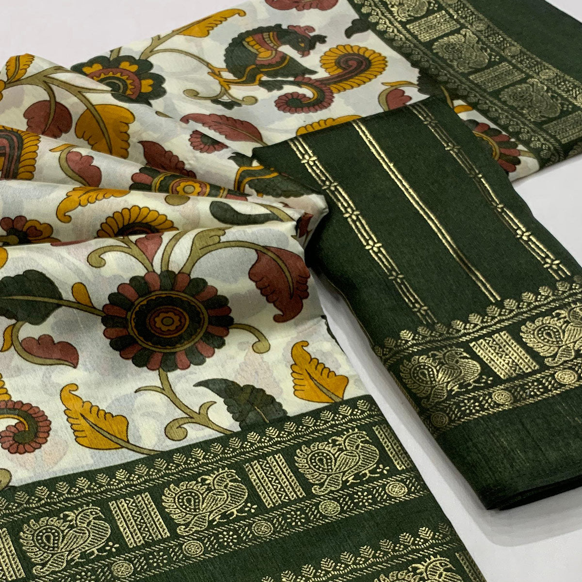 Green Floral Printed Dola Silk Saree