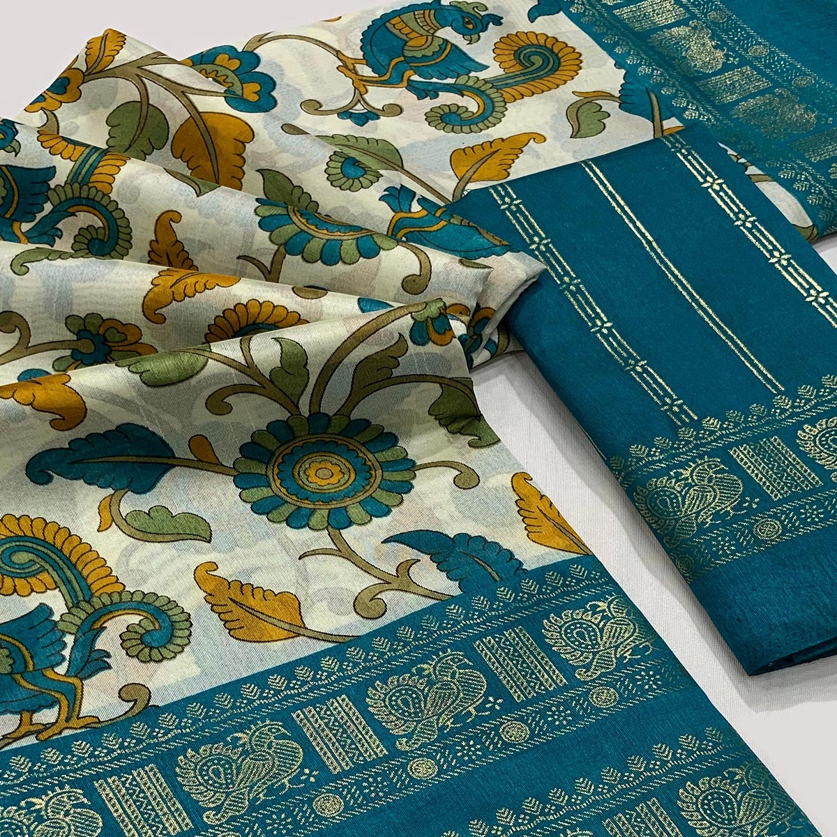Rama Blue Floral Printed Dola Silk Saree