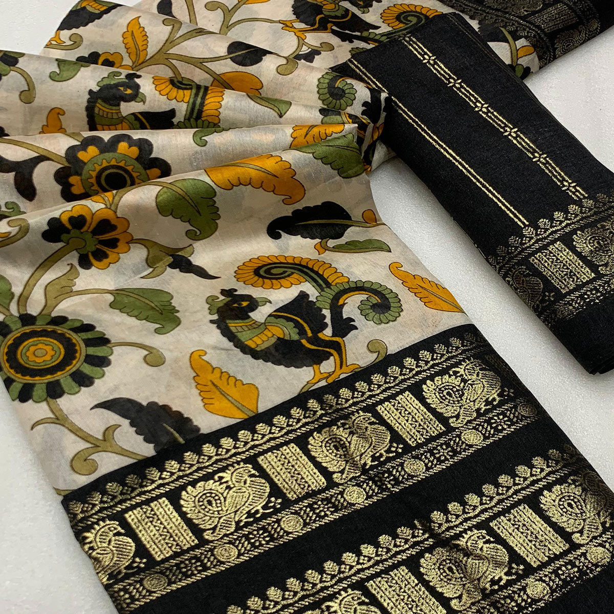 Black Kalamkari Printed Dola Silk Saree