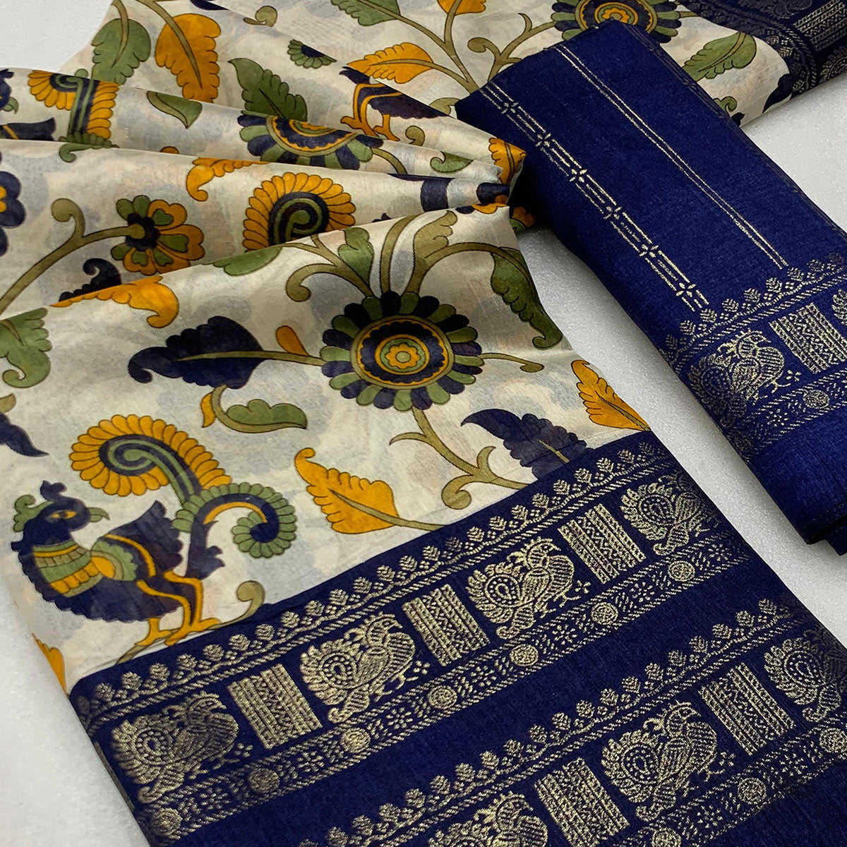 Blue Kalamkari Printed Dola Silk Saree