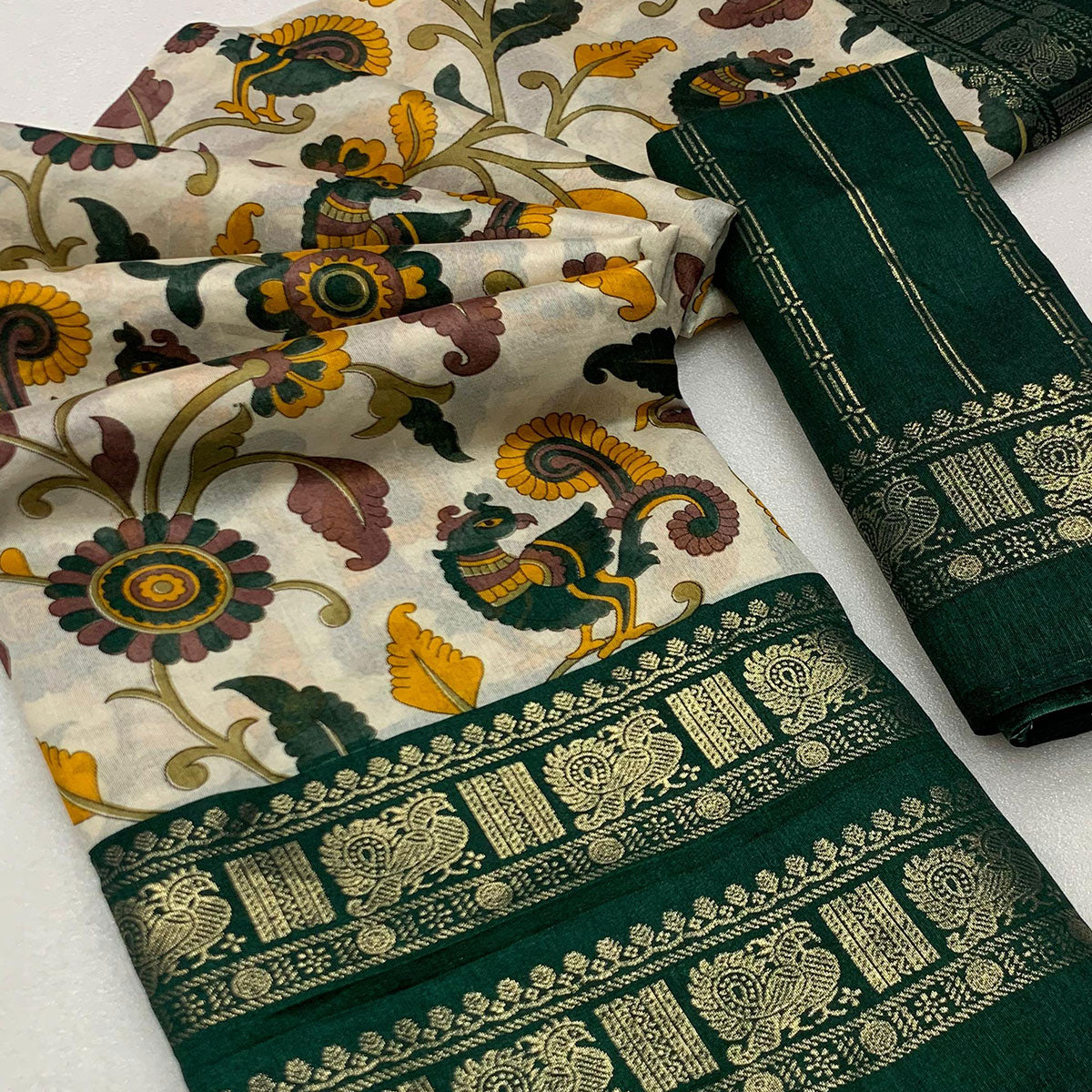 Green Kalamkari Printed Dola Silk Saree