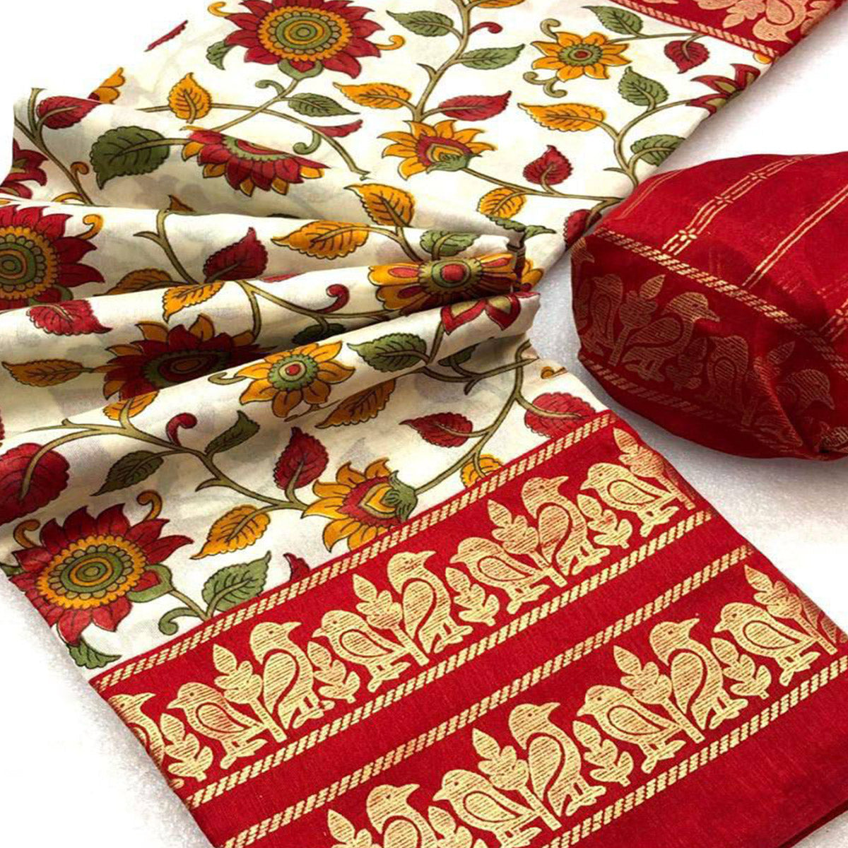 Red Kalamkari Printed Dola Silk Saree