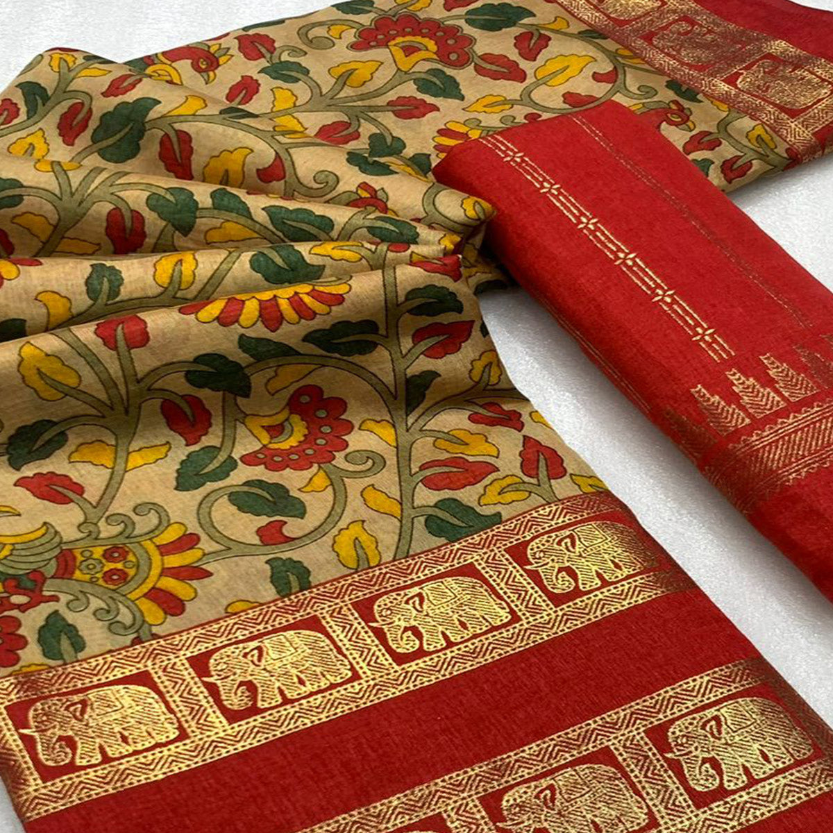 Chikoo Floral Kalamkari Printed Dola Silk Saree