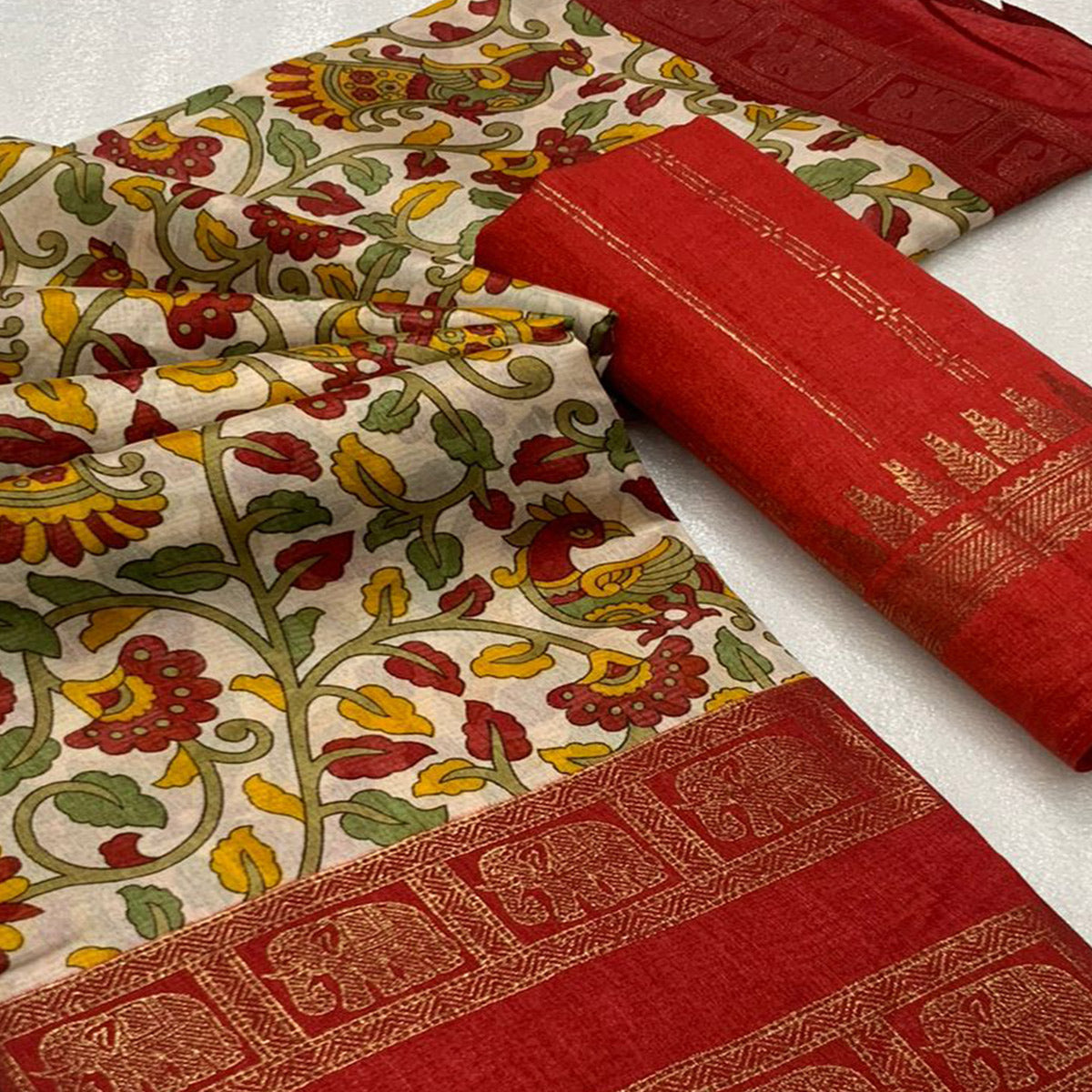 Cream Floral Kalamkari Printed Dola Silk Saree