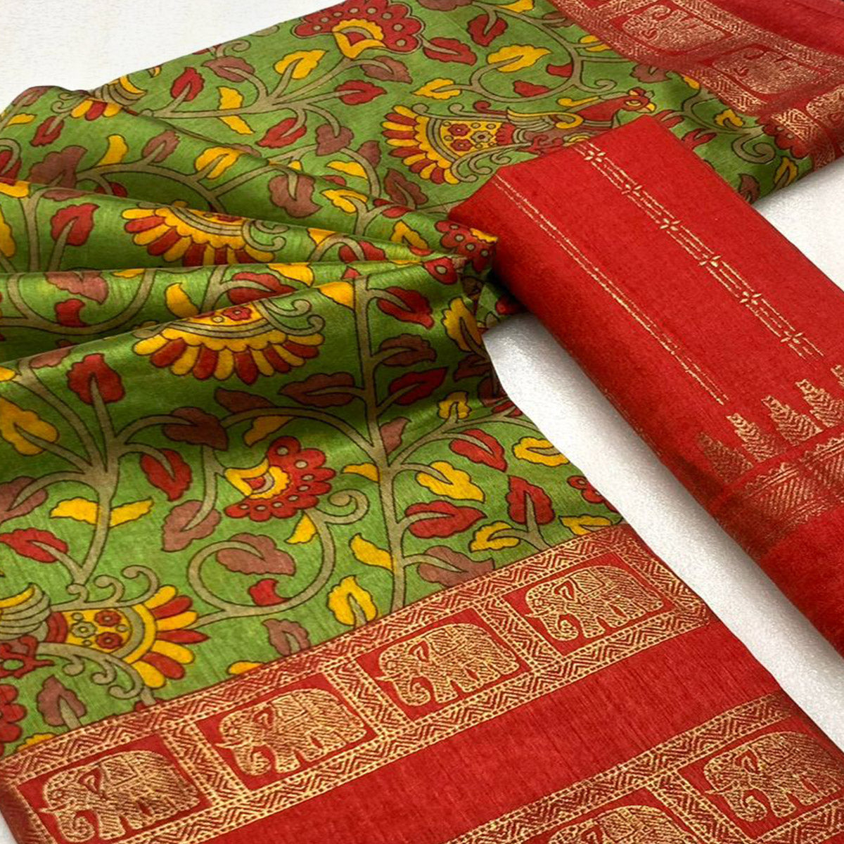 Green Floral Kalamkari Printed Dola Silk Saree