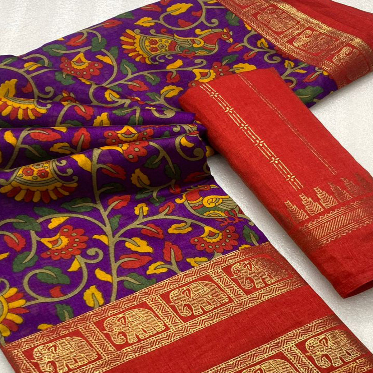 Purple Floral Kalamkari Printed Dola Silk Saree