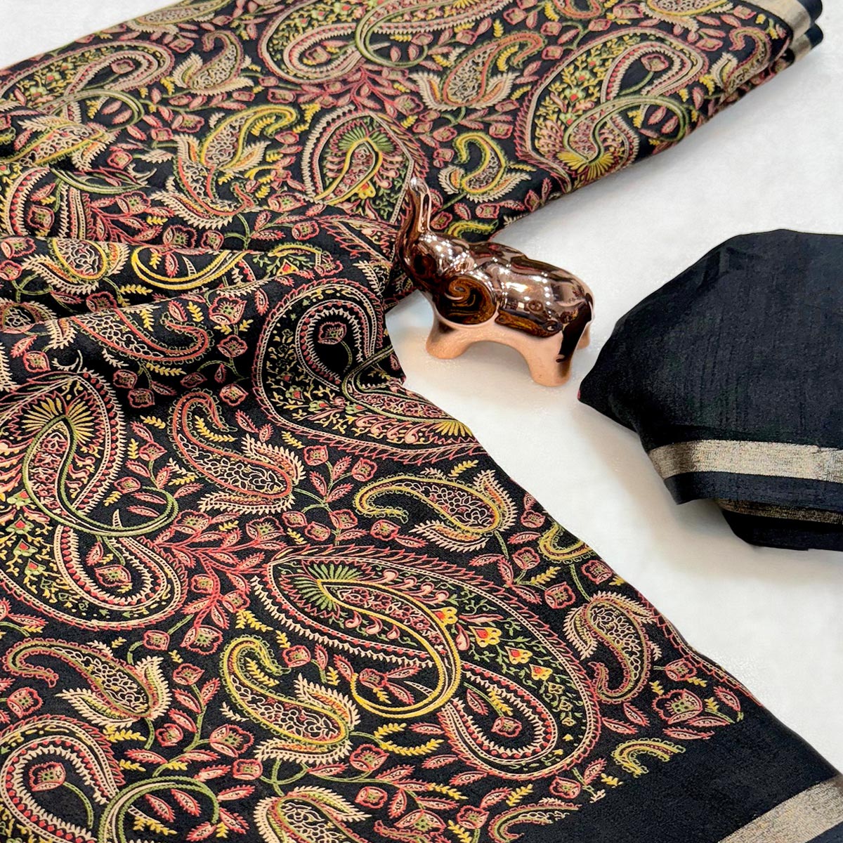 Classic Black Tussar Silk Blend Saree Adorned With Elegant Paisley & Floral Kashmiri Prints