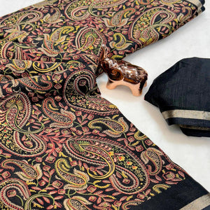 Classic Black Tussar Silk Blend Saree Adorned With Elegant Paisley & Floral Kashmiri Prints