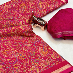 Classic Pink Tussar Silk Blend Saree Adorned With Elegant Paisley & Floral Kashmiri Prints