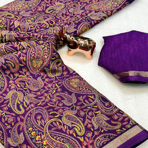 Classic Purple Tussar Silk Blend Saree Adorned With Elegant Paisley & Floral Kashmiri Prints