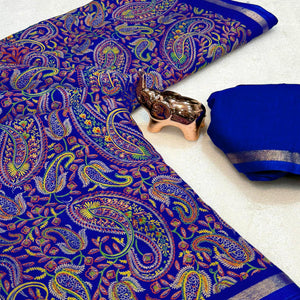 Classic Royal Blue Tussar Silk Blend Saree Adorned With Elegant Paisley & Floral Kashmiri Prints