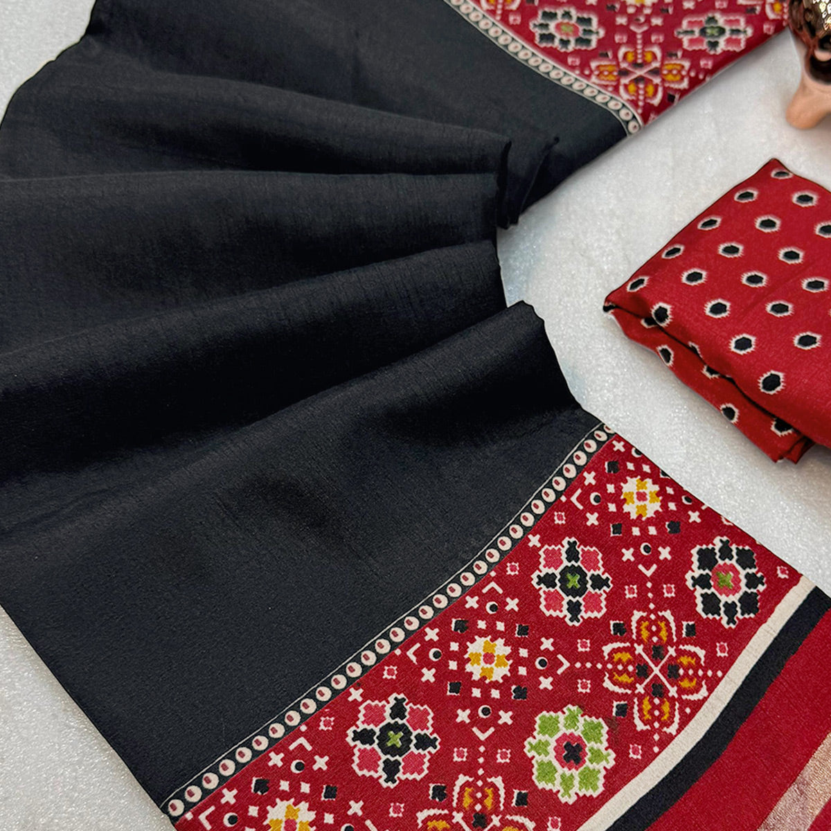 Black Kashmiri Print Tussar Silk Blend Saree With Intricate Rich Pallu & Lustrous Golden Border