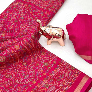 Pink Floral Printed Dola Kashmiri Dola Silk Saree Highlighted With Rich Golden Zari Border