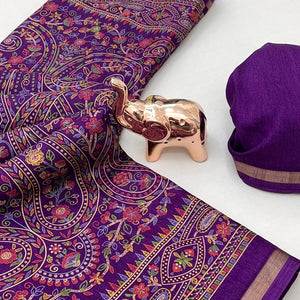 Purple Floral Printed Dola Kashmiri Dola Silk Saree Highlighted With Rich Golden Zari Border
