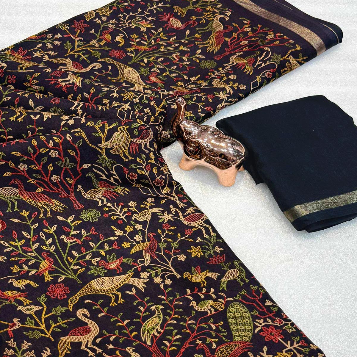 Black Tussar Silk Blend Saree with Intricate Floral & Bird Kashmiri Print & Elegant Zari Border