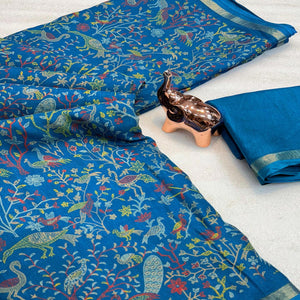 Blue Tussar Silk Blend Saree with Intricate Floral & Bird Kashmiri Print & Elegant Zari Border