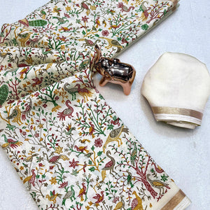 Cream Tussar Silk Blend Saree with Intricate Floral & Bird Kashmiri Print & Zari Border