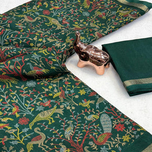 Green Tussar Silk Blend Saree with Intricate Floral & Bird Kashmiri Print & Elegant Zari Border
