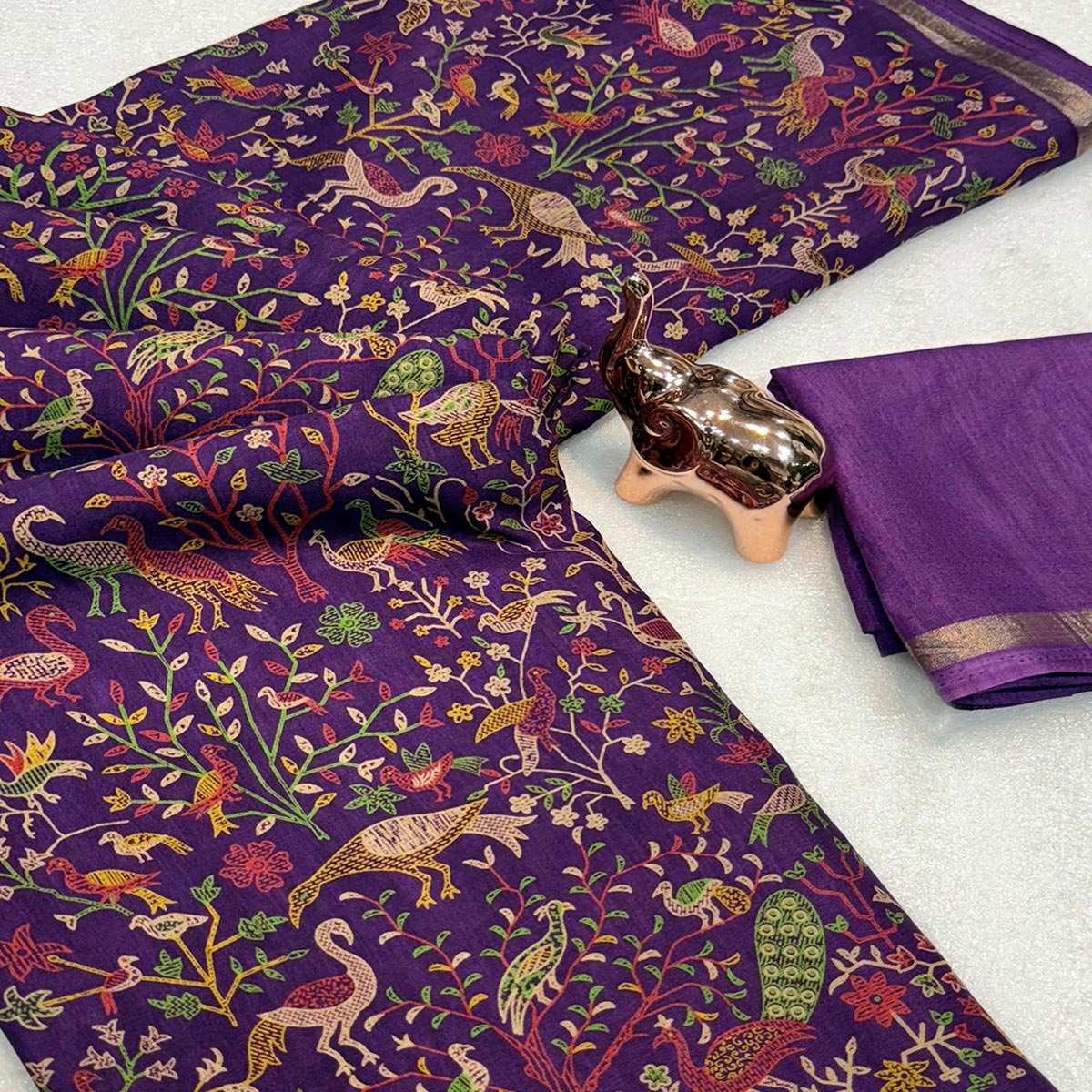 Purple Tussar Silk Blend Saree with Intricate Floral & Bird Kashmiri Print & Elegant Zari Border
