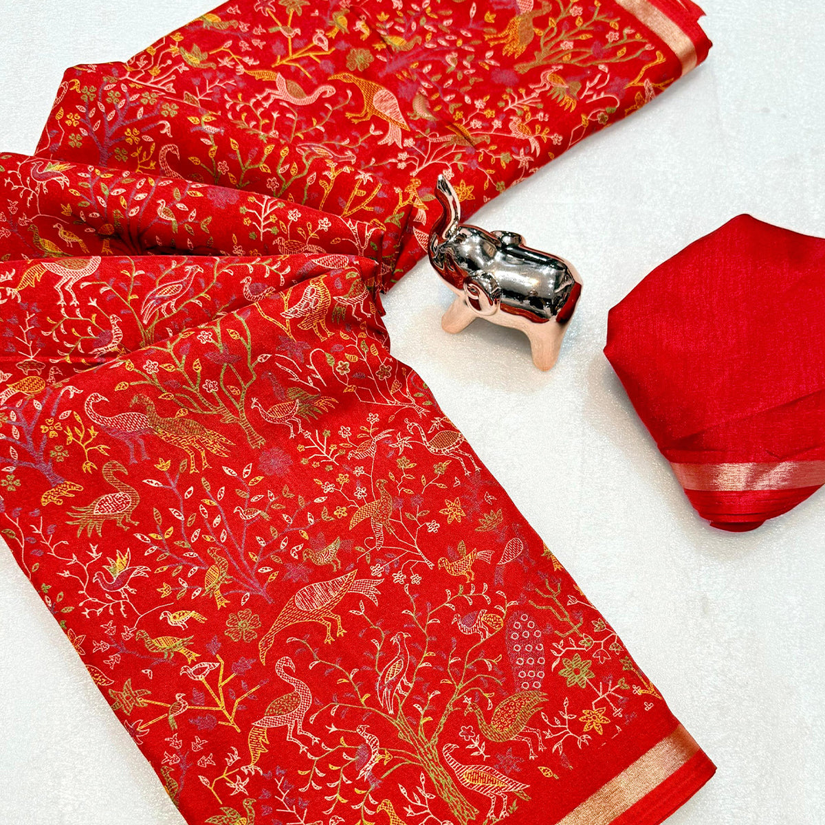 Red Tussar Silk Blend Saree with Intricate Floral & Bird Kashmiri Print & Zari Border