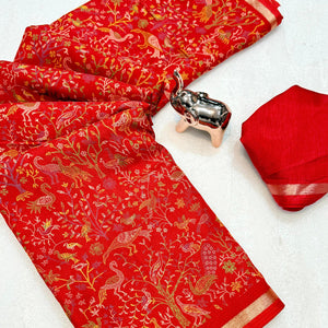 Red Tussar Silk Blend Saree with Intricate Floral & Bird Kashmiri Print & Zari Border