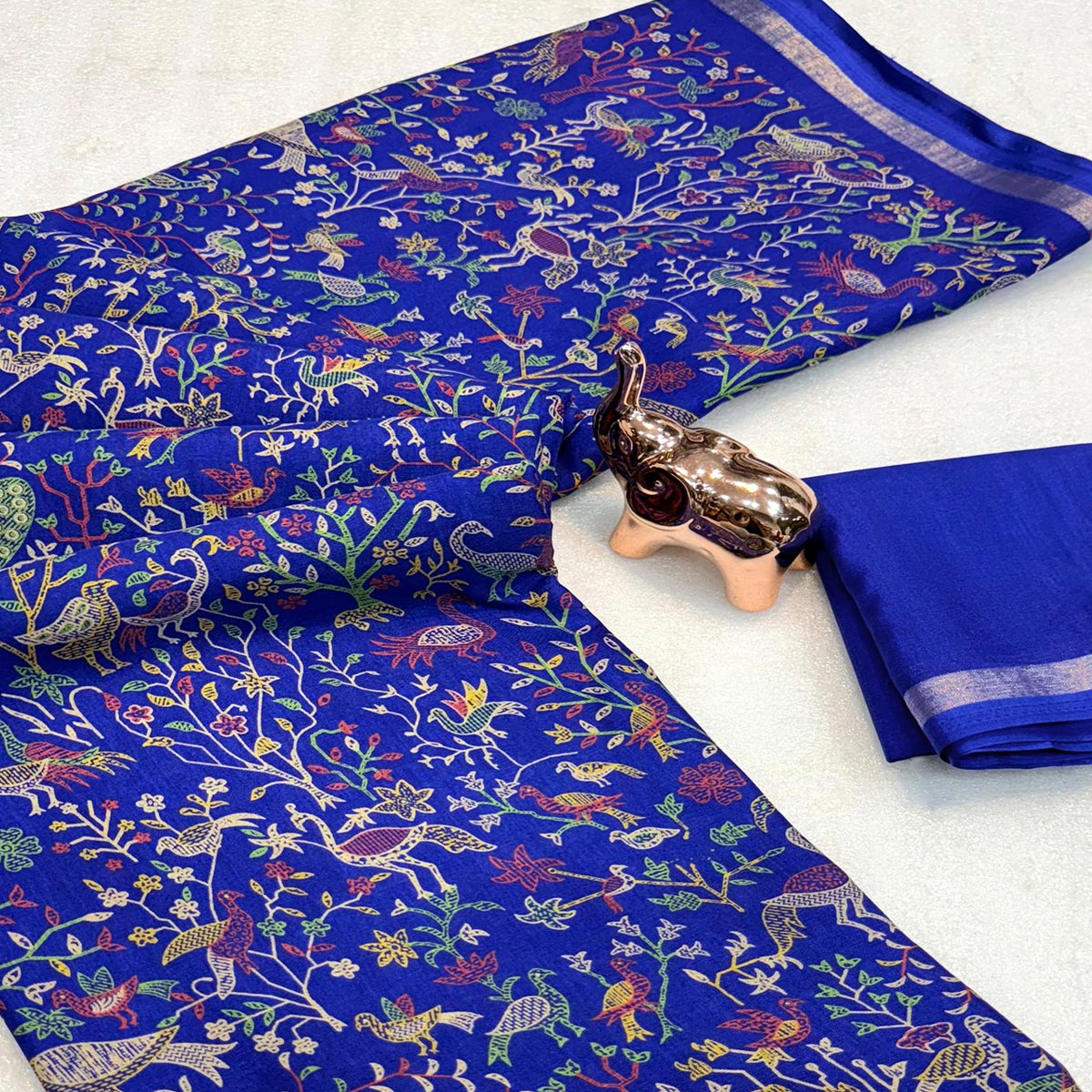 Royal Blue Tussar Silk Blend Saree with Intricate Floral & Bird Kashmiri Print & Zari Border