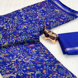Royal Blue Tussar Silk Blend Saree with Intricate Floral & Bird Kashmiri Print & Zari Border