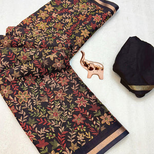 Black Kashmiri Inspired Floral Printed Tussar Silk Saree for Ethnic Occasions