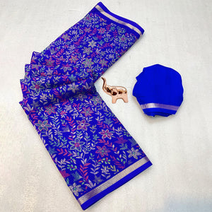 Blue Kashmiri Inspired Floral Printed Tussar Silk Saree for Ethnic Occasions