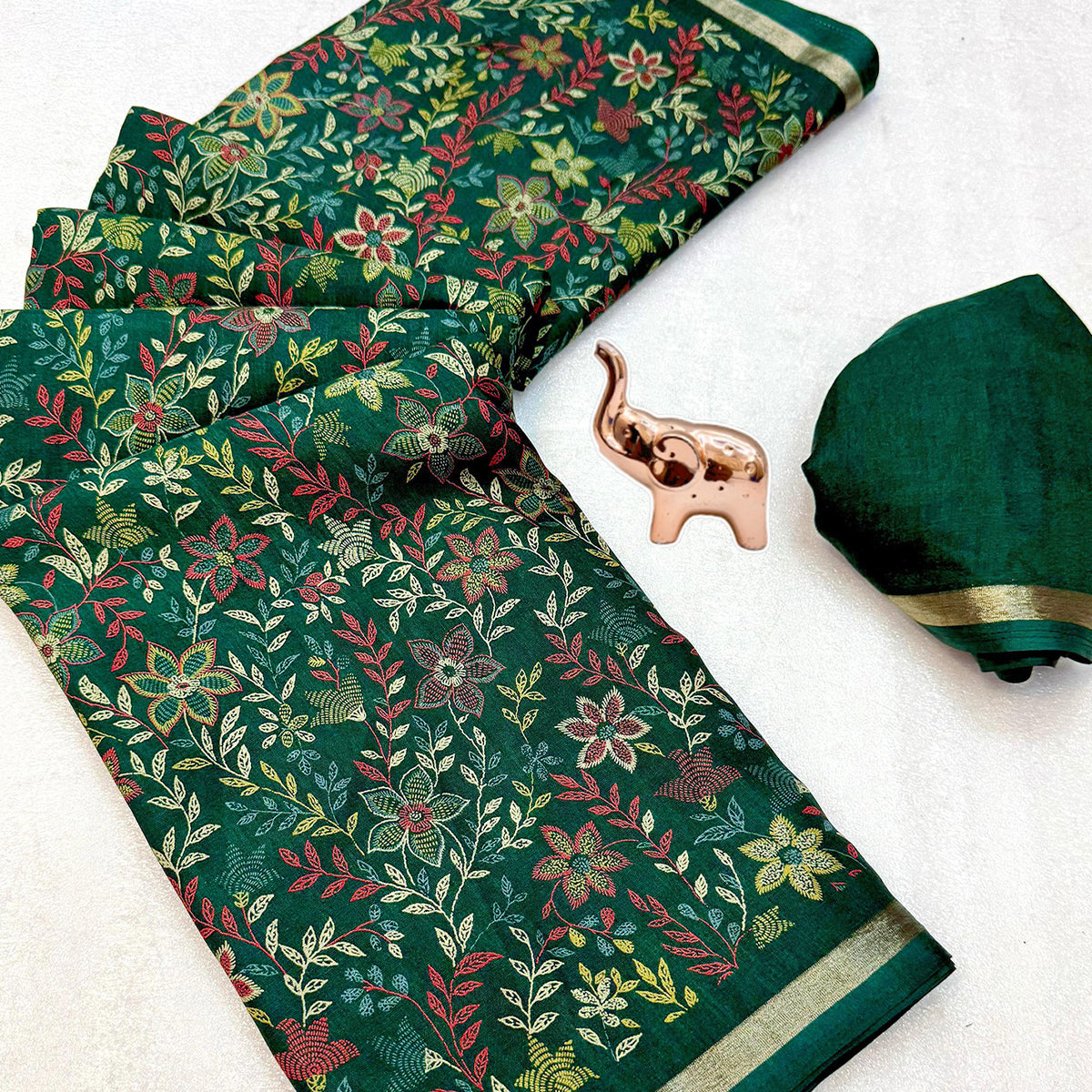 Green Kashmiri Inspired Floral Printed Tussar Silk Saree for Ethnic Occasions