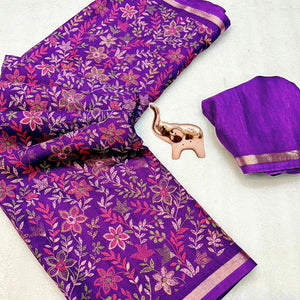 Purple Kashmiri Inspired Floral Printed Tussar Silk Saree for Ethnic Occasions