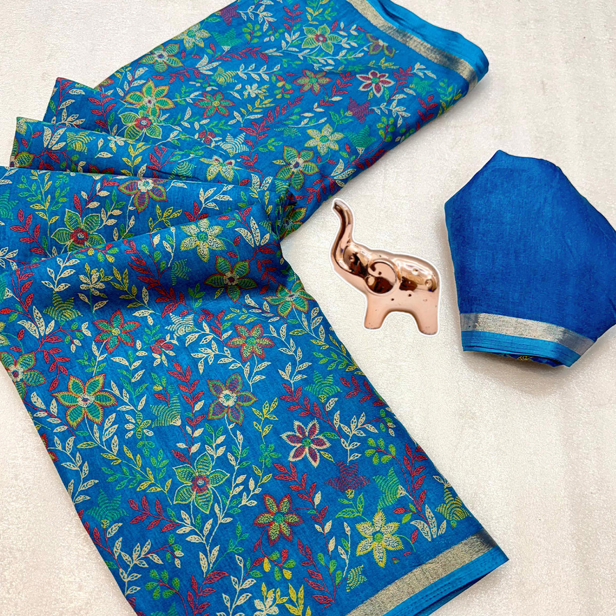 Teal Kashmiri Inspired Floral Printed Tussar Silk Saree for Ethnic Occasions