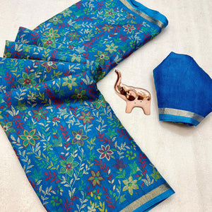 Teal Kashmiri Inspired Floral Printed Tussar Silk Saree for Ethnic Occasions