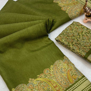 Mehendi Green Silk Blend Saree With Timeless Kashmiri Print Elegance