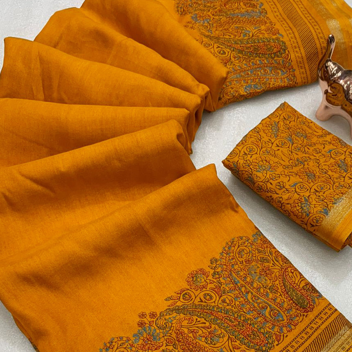 Mustard Silk Blend Saree With Timeless Kashmiri Print Elegance