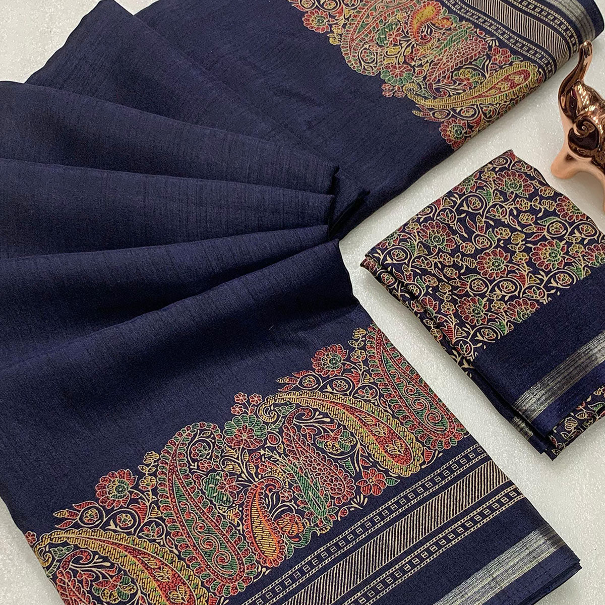 Navy Blue Silk Blend Saree With Timeless Kashmiri Print Elegance