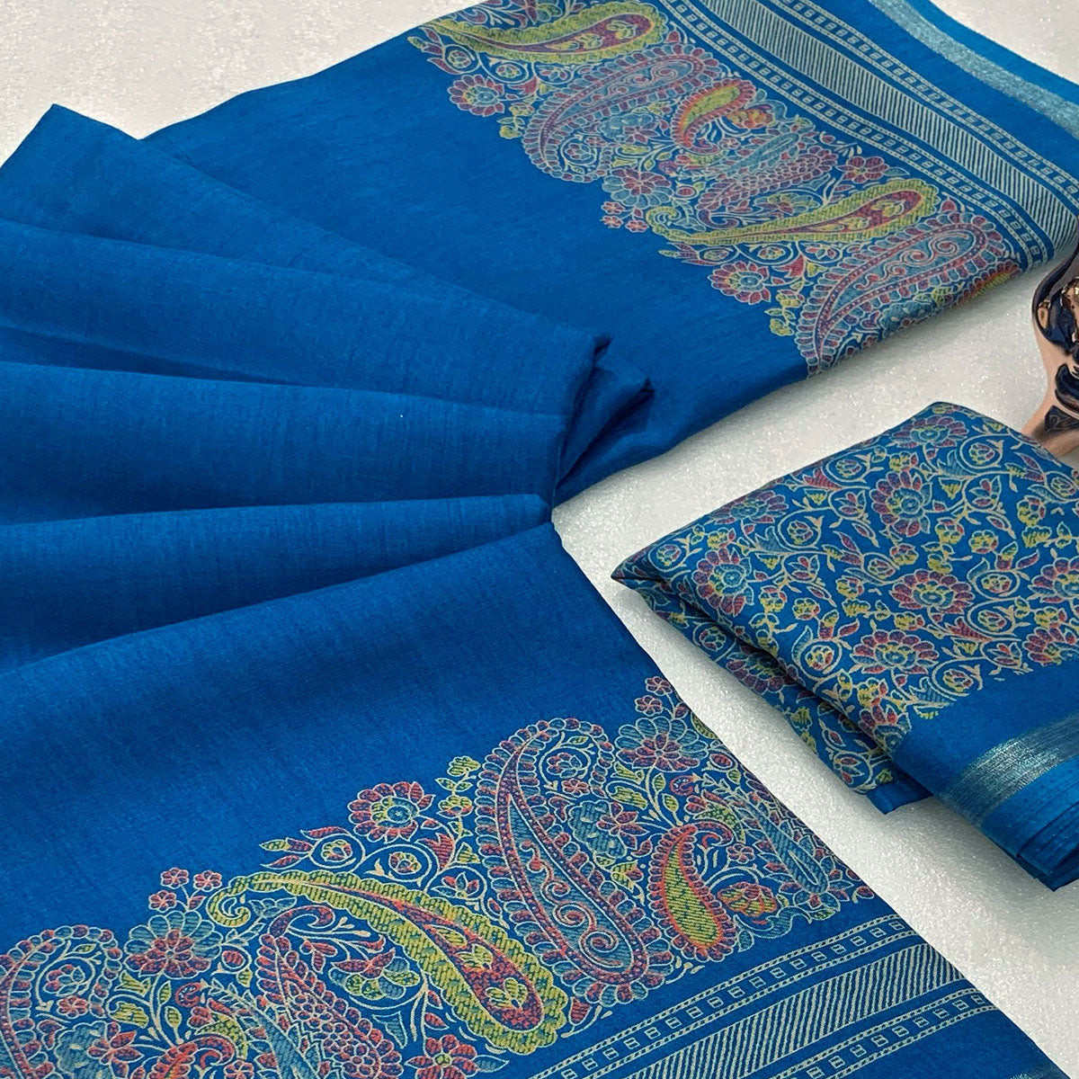 Traditional Teal Kashmiri Printed Silk Blend Saree