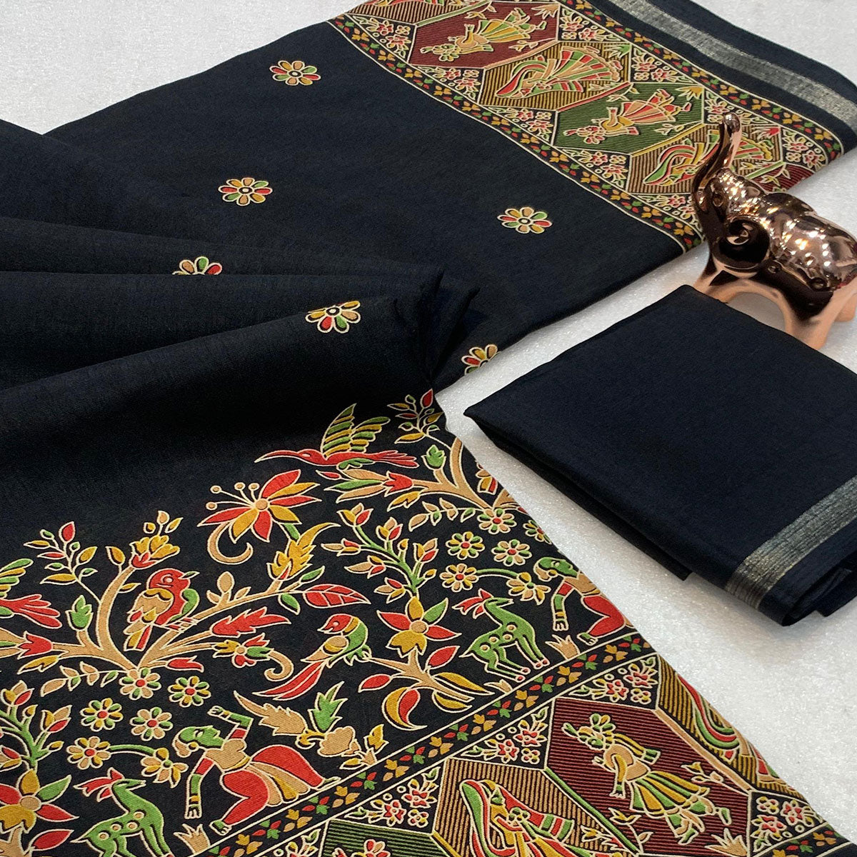 Black Cotton Blend Saree with Ethnic Kashmiri Inspired Paisley Design