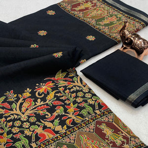 Black Cotton Blend Saree with Ethnic Kashmiri Inspired Paisley Design