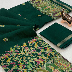 Green Cotton Blend Saree with Ethnic Kashmiri Inspired Paisley Design