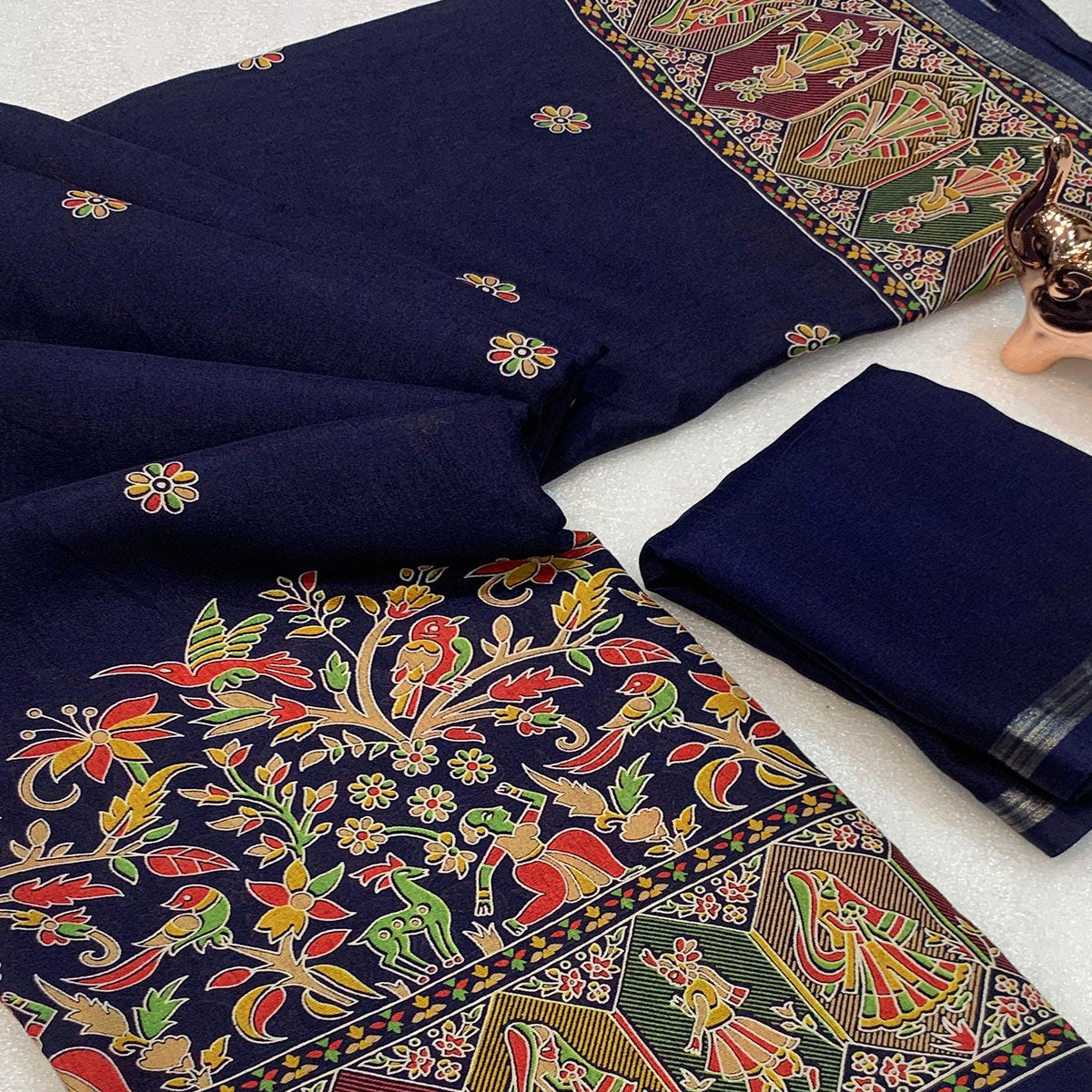 Navy Blue Cotton Blend Saree with Ethnic Kashmiri Inspired Paisley Design