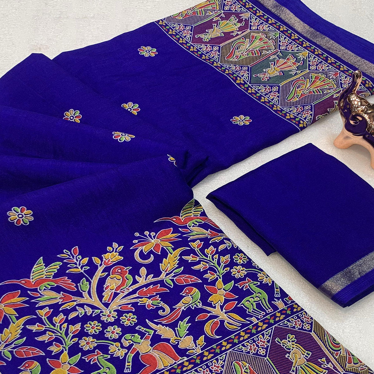 Royal Blue Cotton Blend Saree with Ethnic Kashmiri Inspired Paisley Design