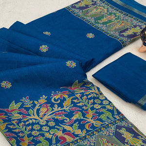 Teal Cotton Blend Saree with Ethnic Kashmiri Inspired Paisley Design