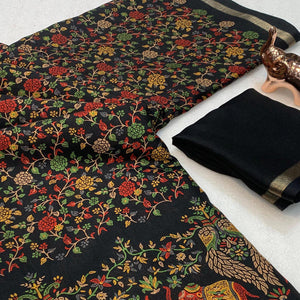 Black Floral Printed Tussar Silk Blend Saree Accentuated With Rich Zari Border Work