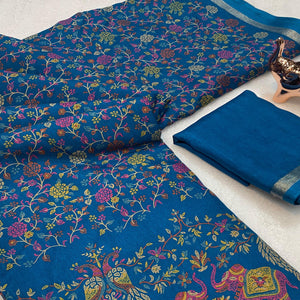 Blue Floral Printed Tussar Silk Blend Saree Accentuated With Rich Zari Border Work