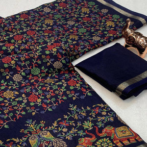 Navy Blue Floral Printed Tussar Silk Blend Saree Accentuated With Rich Zari Border Work