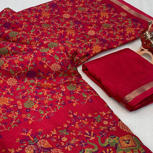 Pink Floral Printed Tussar Silk Blend Saree Accentuated With Rich Zari Border Work