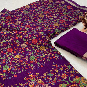 Purple Floral Printed Tussar Silk Blend Saree Accentuated With Rich Zari Border Work